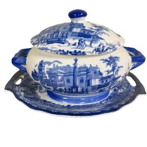 Victoria Ware Ironstone Lidded Tureen With Under Tray Flow Blue Village Scenes